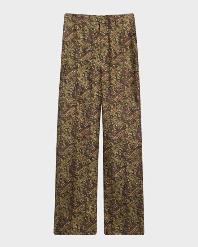 Paisley Fluid Twill Straight-Leg Pants